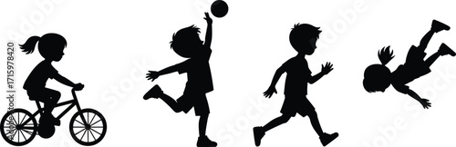 Silhouettes of children in active play poses, vector illustration set, black icons, physical movement, outdoor activity, exercise design elements