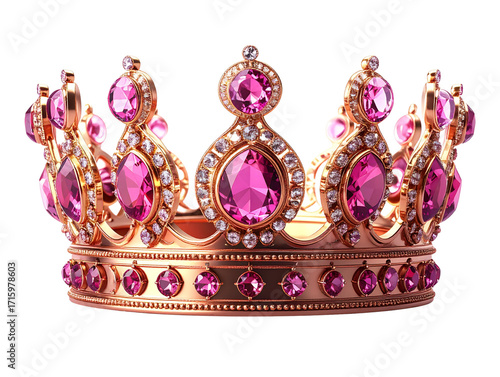 Regal Rose Gold Crown with Pink Gemstones, Front-Facing Royal Portrait Style, Transparent Background  