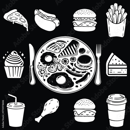 A variety of fast food and snack items including pizza, hot dog, burger, fries, cupcakes, drinks, and a well-presented plate of diverse meals arranged on a black background