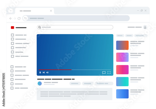Clean light themed video playback screen on a web browser video player search bar and list of recommended videos online streaming digital media content platform