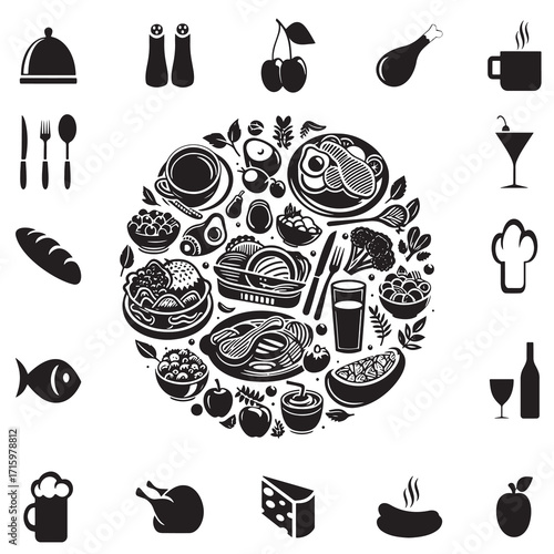 A collection of diverse food and beverage items including fruits, vegetables, meats, pasta, drinks, and snacks arranged to showcase a variety of culinary options and flavors