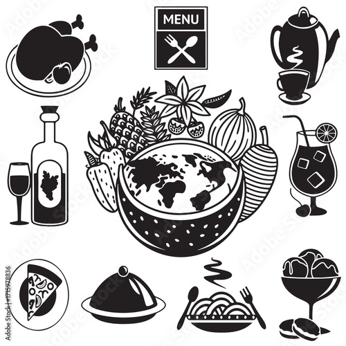 A variety of food and drink items including fresh fruits, vegetables, beverages, desserts, and a central globe-themed dish representing global cuisine and healthy eating choices