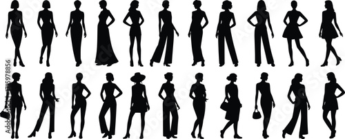 Silhouettes of fashionable women in various outfits and poses, vector illustration set, black icons, style diversity, design elements