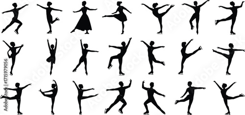 Silhouettes of figure skaters in dynamic poses and movements, vector illustration set, black icons, skating artistry, sport design elements