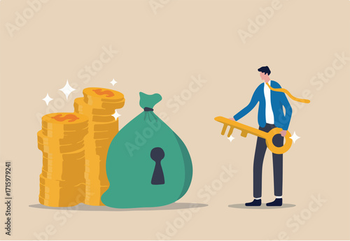 Financial key success, safe haven for investment or wealth manager to manage money concept, success businessman finance advisor holding golden key for money bag with keyhole and gold money coins stack