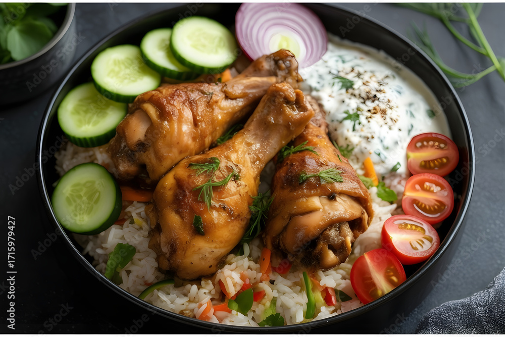 Fototapeta premium Chicken Biryani with Cucumber and Tomatoes