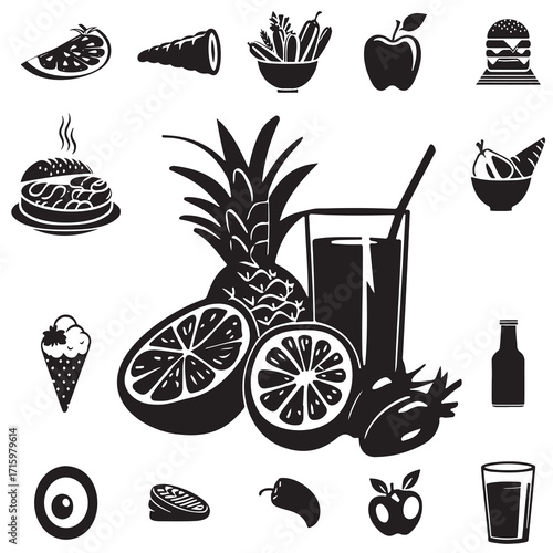 A refreshing assortment of tropical fruits and beverages including pineapples, oranges, strawberries, and a glass of juice, highlighting vibrant summer flavors and natural healthy choices