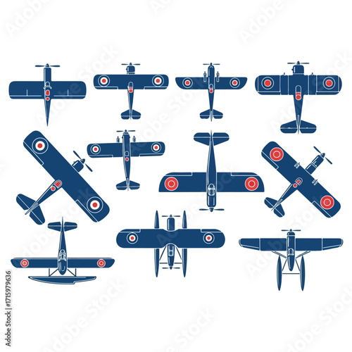 Collection of vintage aircrafts in top view, isolated on white.