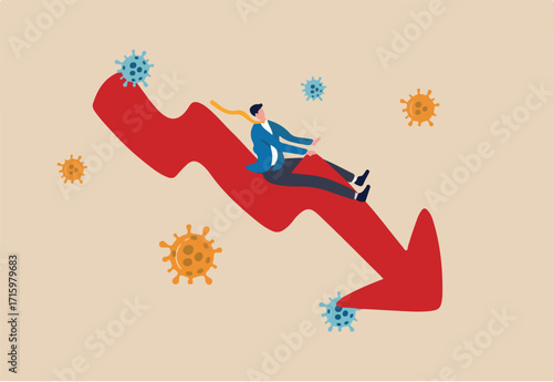 Stock market plunge, business bankrupt or economic recession due to Coronavirus outbreak COVID-19 pandemic concept, depressed businessman riding down turn red arrow economics graph with virus pathogen