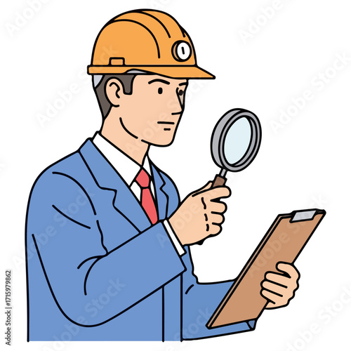 Inspector with magnifying glass and clipboard inspecting something.