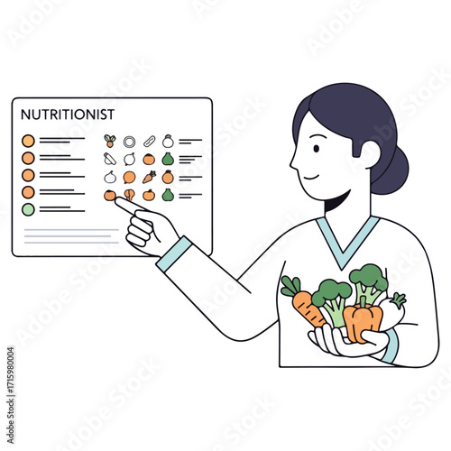 Nutritionist pointing at food chart with healthy vegetables.