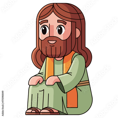 Cartoon Jesus Christ Sitting and Smiling Peacefully.