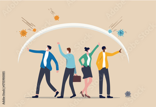 Herd immunity, immunized people who cured from Coronavirus COVID-19 viral disease concept, people wearing face mask together with shield or guard effect to protect from infection Coronavirus pathogen.