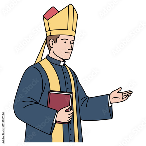 Religious leader in formal attire with open hand gesture.