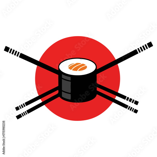 Sushi roll with chopsticks and red circle Japanese food concept.