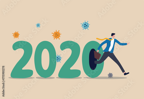 Year 2020 year of economic crash due to Coronavirus outbreak causing business bankrupt or year of COVID-19 pandemic concept, businessman running away from the number 2020 with coronavirus pathogen.