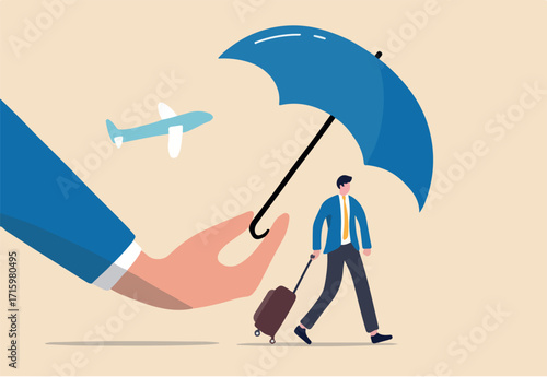 Travel insurance, protection for traveller before flying in COVID-19 Coronavirus era concept, magic hand holding umbrella as shield and guard to protect traveller who walking in the airport.