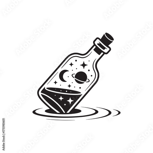 Mystical Message in a Bottle Silhouette Floating on Water Featuring Celestial Bodies and Sparkling Stars for Whimsical Black and White Art