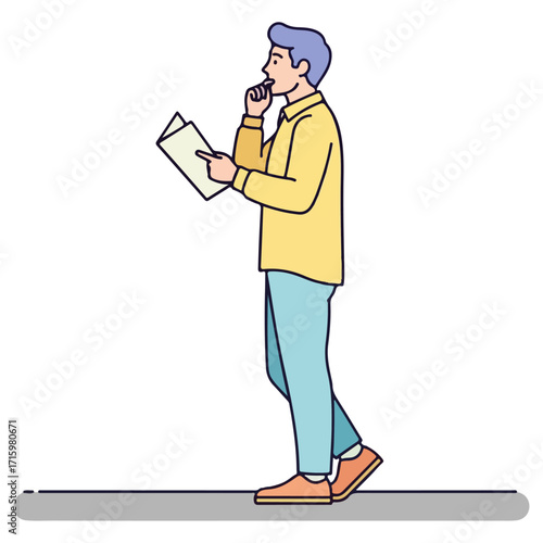 Man reading document while walking and thinking deeply.