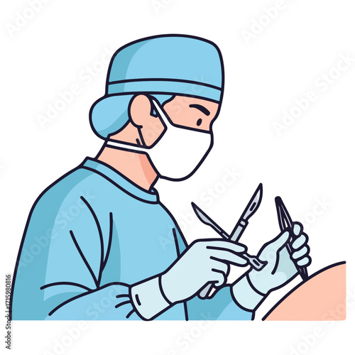 Surgeon performing surgery with surgical tools in operating room.