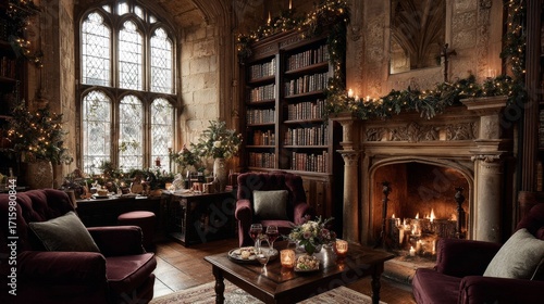 Cozy medieval library with fireplace and holiday decor inside historic castle