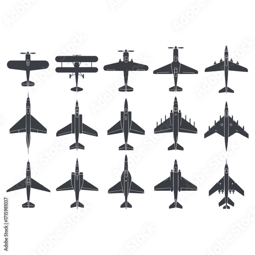 Collection of various airplane silhouettes in a top-down view, black and white.