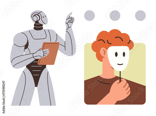 Robot analyzing human with red hair holding a smiling theatrical mask, reflecting artificial intelligence, identity, technology, human-machine interaction. Ideal for AI ethics, privacy, psychology