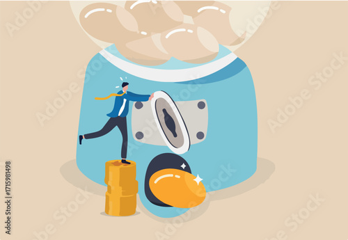 ROI, Return on Investment or high profit and success stock investing concept, smart businessman investor or company owner insert money coin into gumball machine and make it return precious golden egg