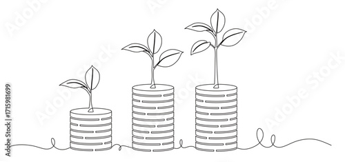 continuous line art of stacks of dollar coins lined up in a graphic shape and a plant or flower on top. concept of a great achievement
