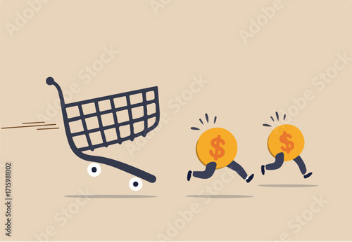 Over spending, consumerism or payment for expensive shopping cost causing debt and financial problem concept, dollar money coins running away from aggressive hunting creditor shopping cart or trolley