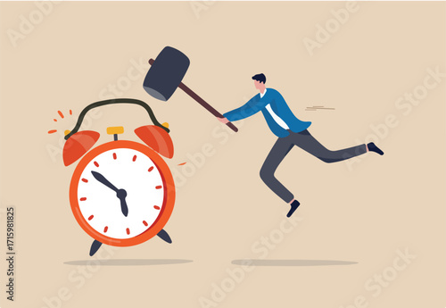 Procrastination postpone to get thing done later, too tight business deadline or cannot finish work in time concept, young man holding big hammer smashing on loud reminding alert alarm clock