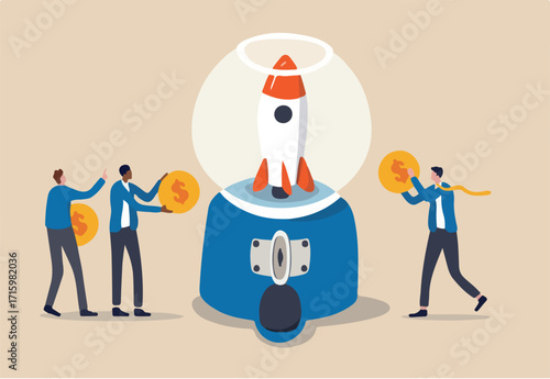 Fund raising, gather money to launch project or people contribute budget and financial support concept, people businessmen holding dollar money coins to contribute in gumball machine to launch rocket.