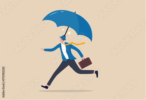 Insurance and protection, safety and security or business shielding or shelter to protect in economic crisis concept, confidence businessman entrepreneur wearing hat with strong umbrella running safe.