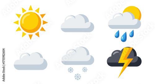 A collection of six weather icons depicting various meteorological conditions like sunshine, clouds, rain, snow, and thunderstorms.