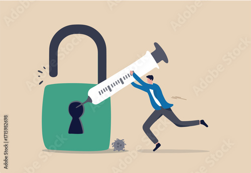 COVID-19 Vaccine to end country lockdown, hope for Coronavirus pandemic end and reopen business concept, businessman government leader using COVID-19 vaccine syringe to unlock and reopen business. 