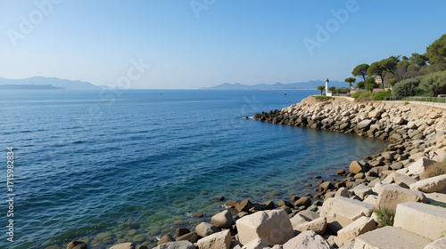 A quiet bay in the Tuscan coast with rock breakwater (Italy)