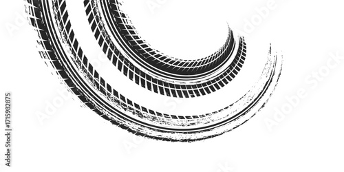 Tire track. Car, bike, motorcycle tyre mark with grunge effect isolated on white background. Wheel footprint on the road. Top view of rubber protector mark