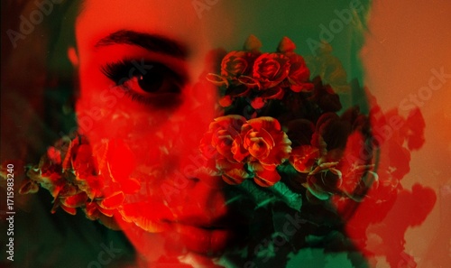 Double exposure portrait of a woman with red flowers and glowing red light, dreamy surreal style
