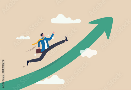 Improvement in work, career path to grow, achievement and success in job or leadership to win business concept, confidence smart businessman in suit with briefcase running on rising arrow to the sky.