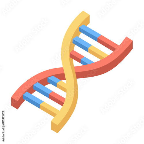 DNA Double Helix Isometric Vector – Flat Color Minimal Design for Biotech, Medicine, and Education, isolated on white background