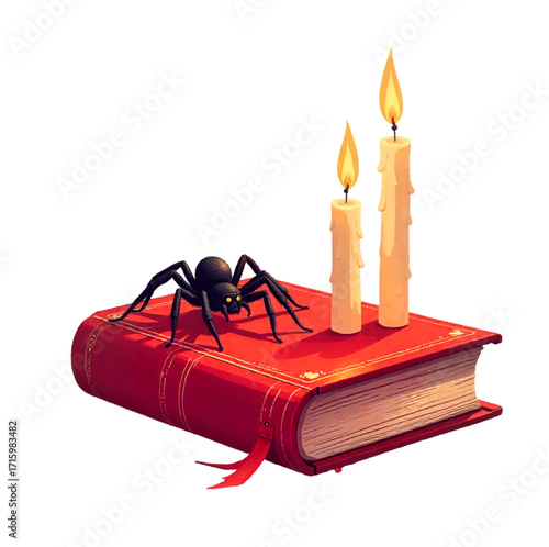 Magic book with spiders, candles on Halloween