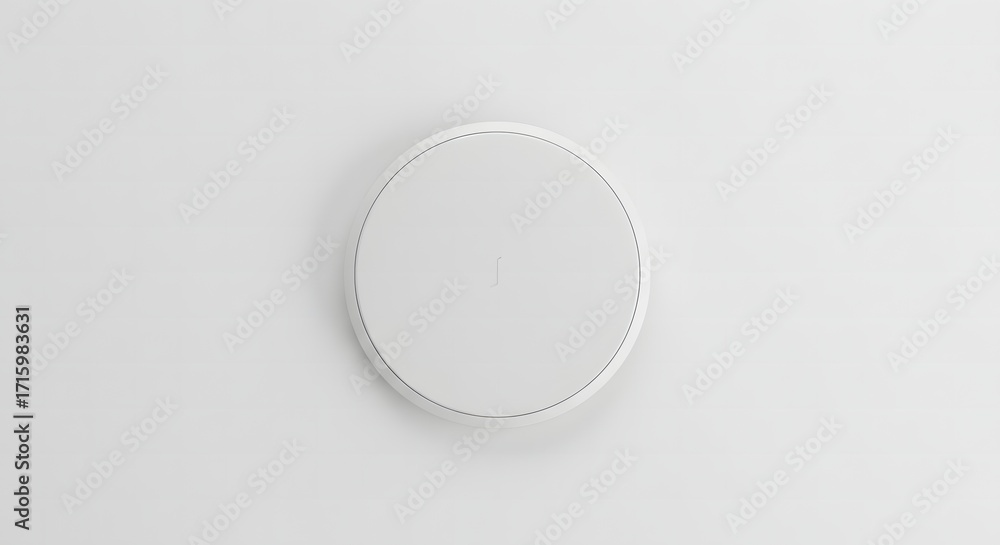 Fototapeta premium A minimalist white circular flush-mount speaker or detector on a clean white ceiling, blending seamlessly with the modern interior design.