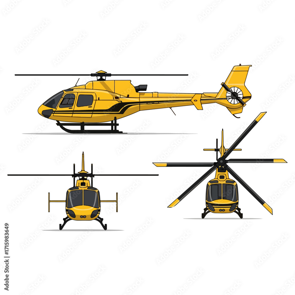 Fototapeta premium Yellow helicopter illustration with multiple views for aviation design.