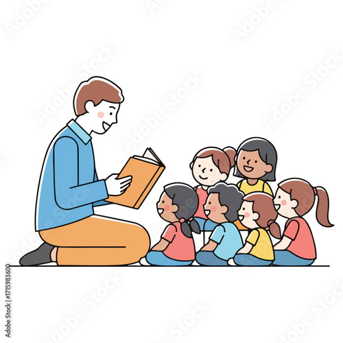 Teacher reading a book to a group of children in a classroom setting.