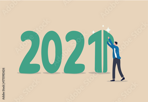 Year 2021 economic recovery, growth and positive GDP income or investment earning increasing concept, smart happy businessman investor make a green rising arrow graph on number 1 of 2021 year number.