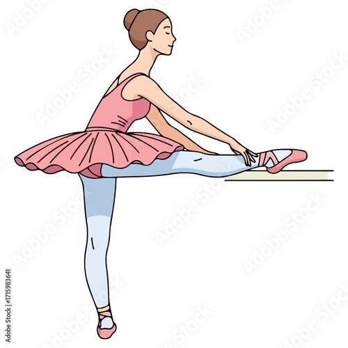 Ballerina stretching leg on barre in ballet studio.