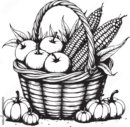 Harvest Bounty: A beautifully drawn illustration captures a cornucopia of autumnal abundance, with a wicker basket overflowing with ripe apples, ears of corn, and pumpkins.