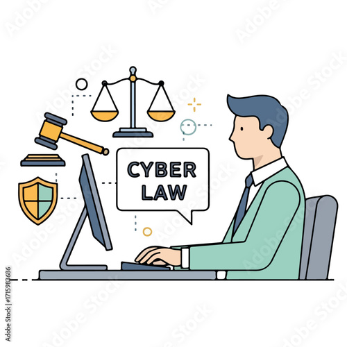 Cyber Law Professional Working on Computer with Legal Symbols.