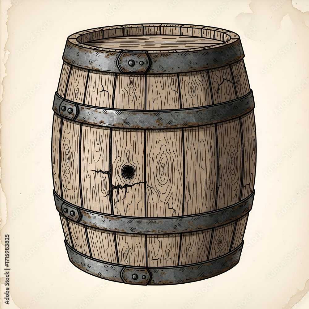 Obraz premium Rustic Wooden Barrel Illustration - Vintage Storage Container with Metal Bands.