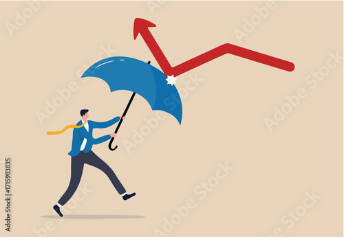 Economic recovery from COVID-19 crisis, business protection or stock market bounce back from recession concept, smart confidence businessman holding strong umbrella to recover red arrow economic graph